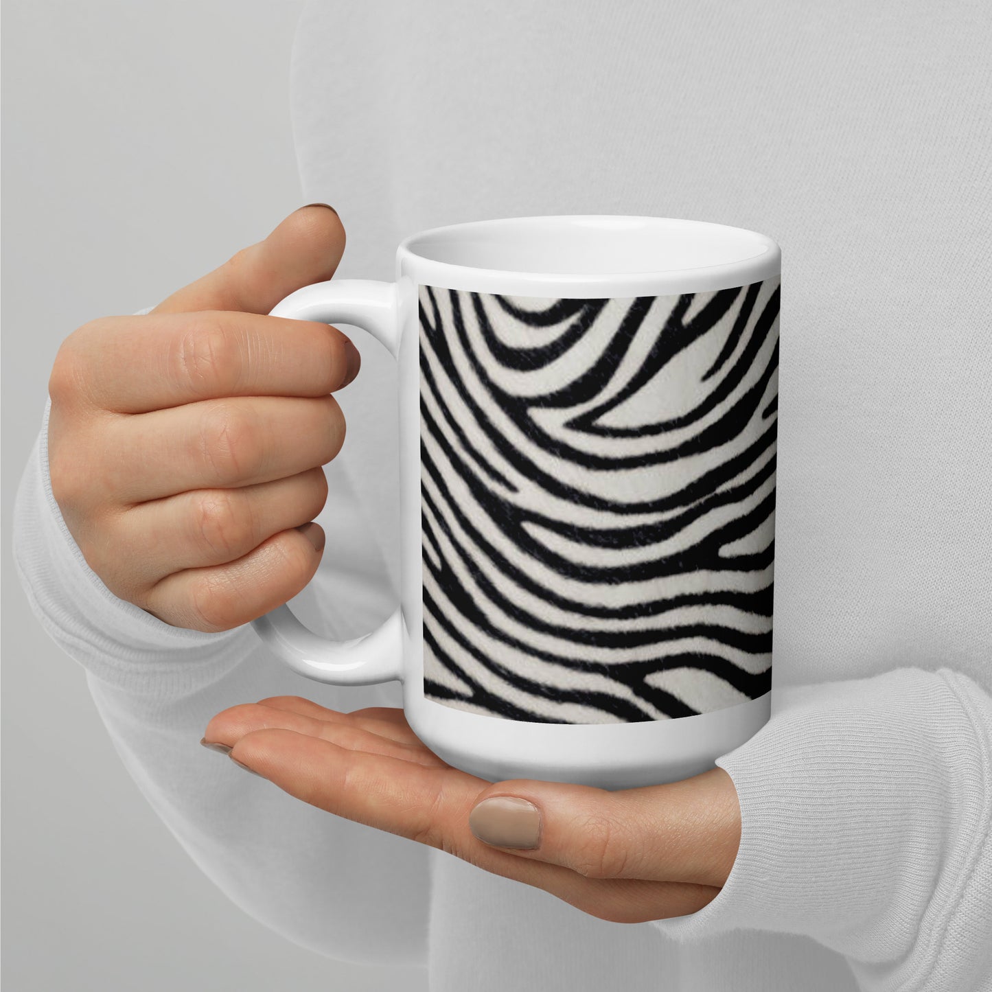 Glossy White Ceramic Coffee Mug - Zebra Pattern