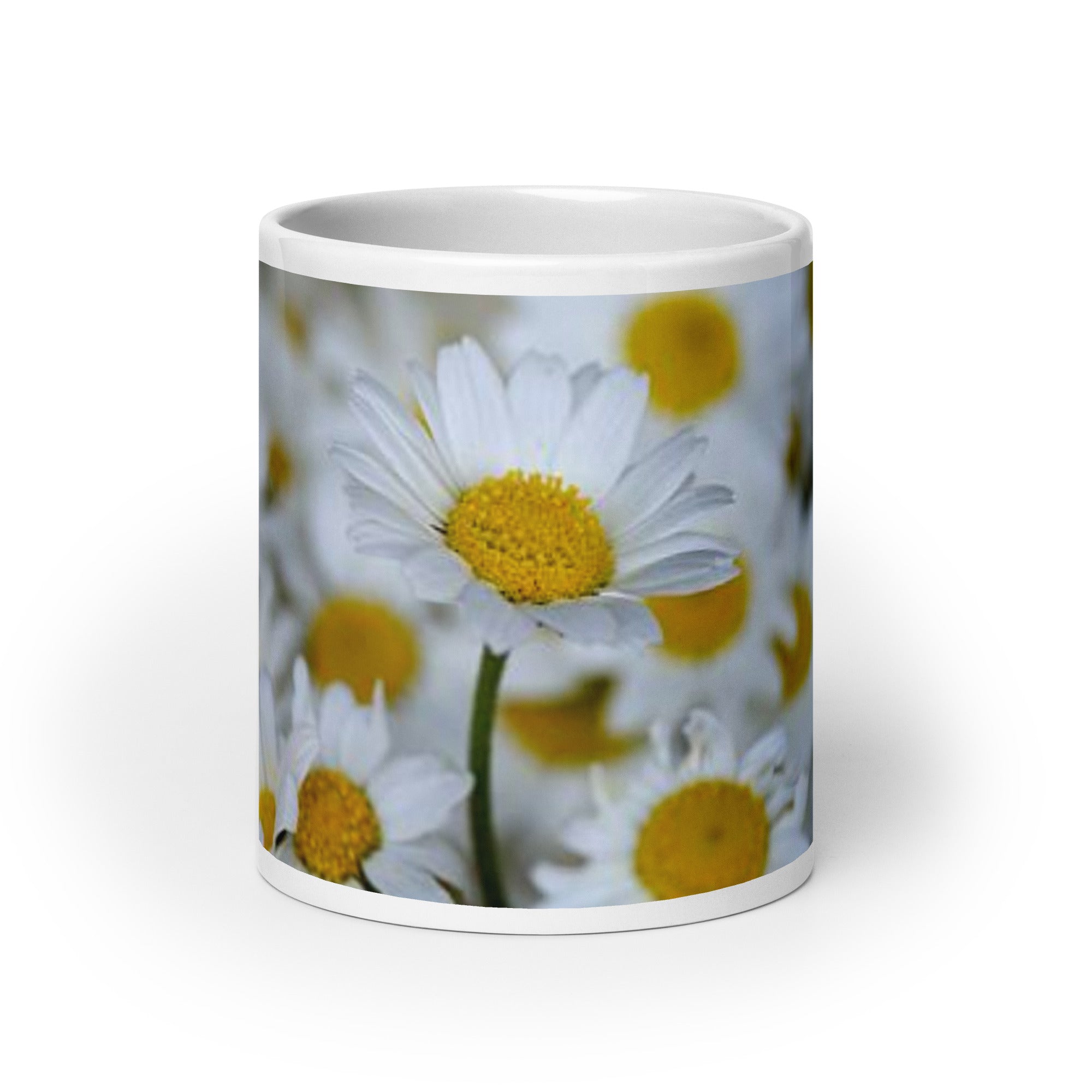 Glossy White Ceramic Coffee Mug - Daisy Flowers