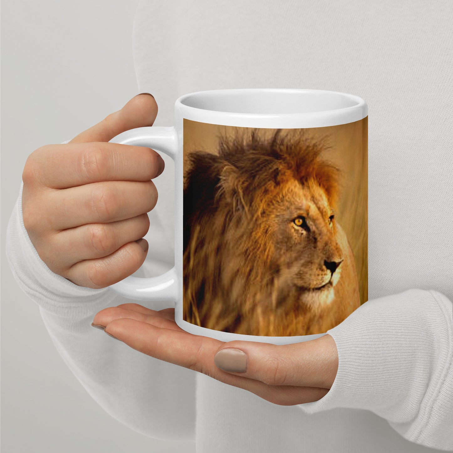 Glossy White Ceramic Coffee Mug - Safari Lion