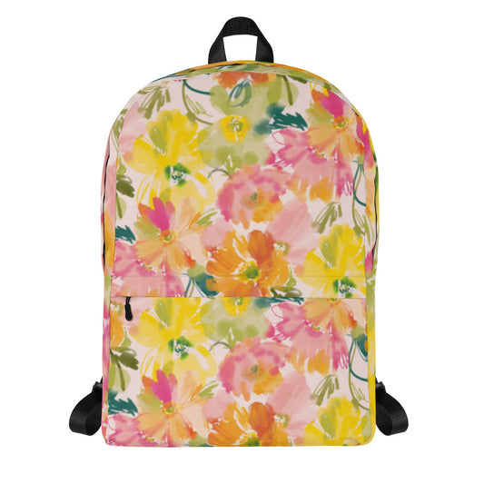 Water Resistant Medium Sized Backpack - Yellow Flower Blossom Print
