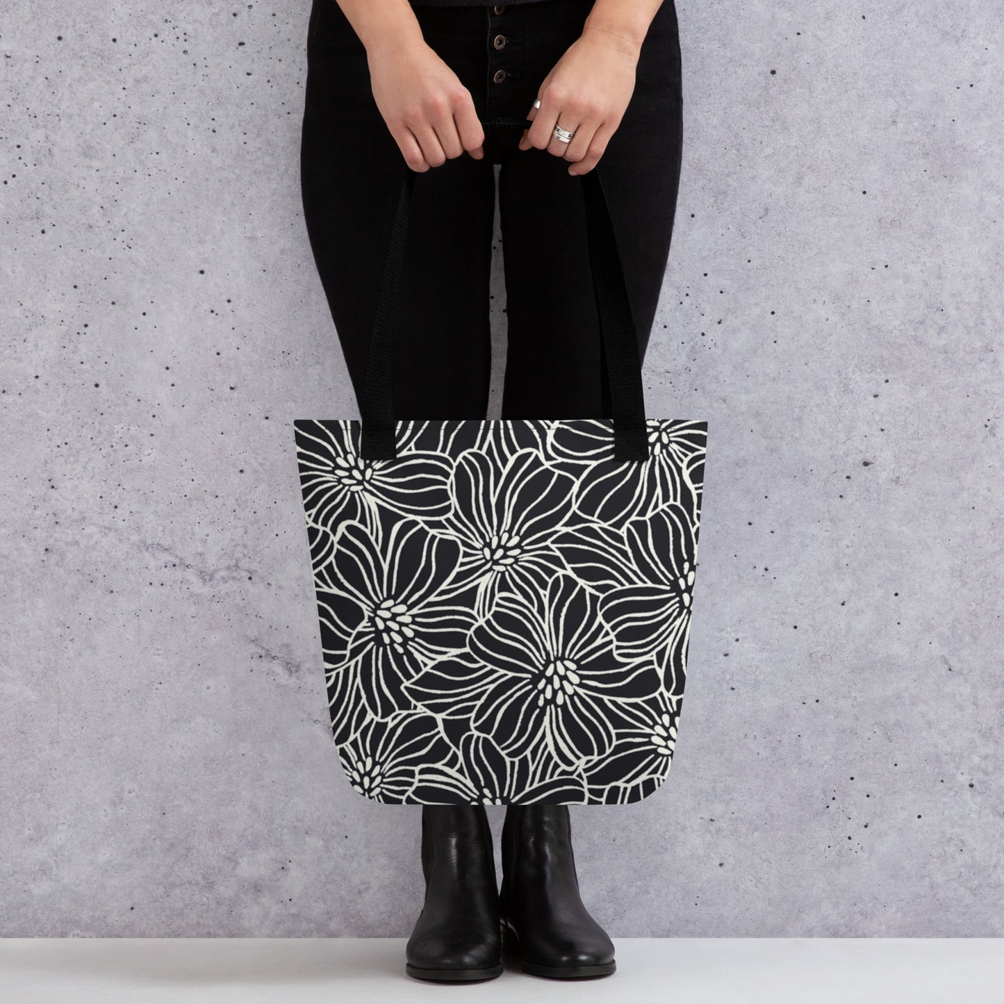 Premium Polyester Tote Bag - B&W Spring Bloom Print