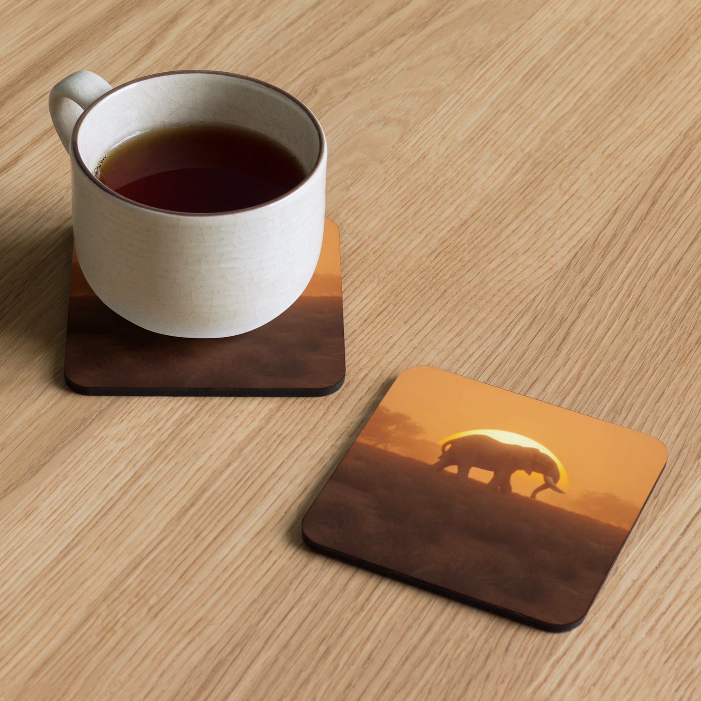 Gloss Coated Cork Backed Coaster - Safari Elephant Design