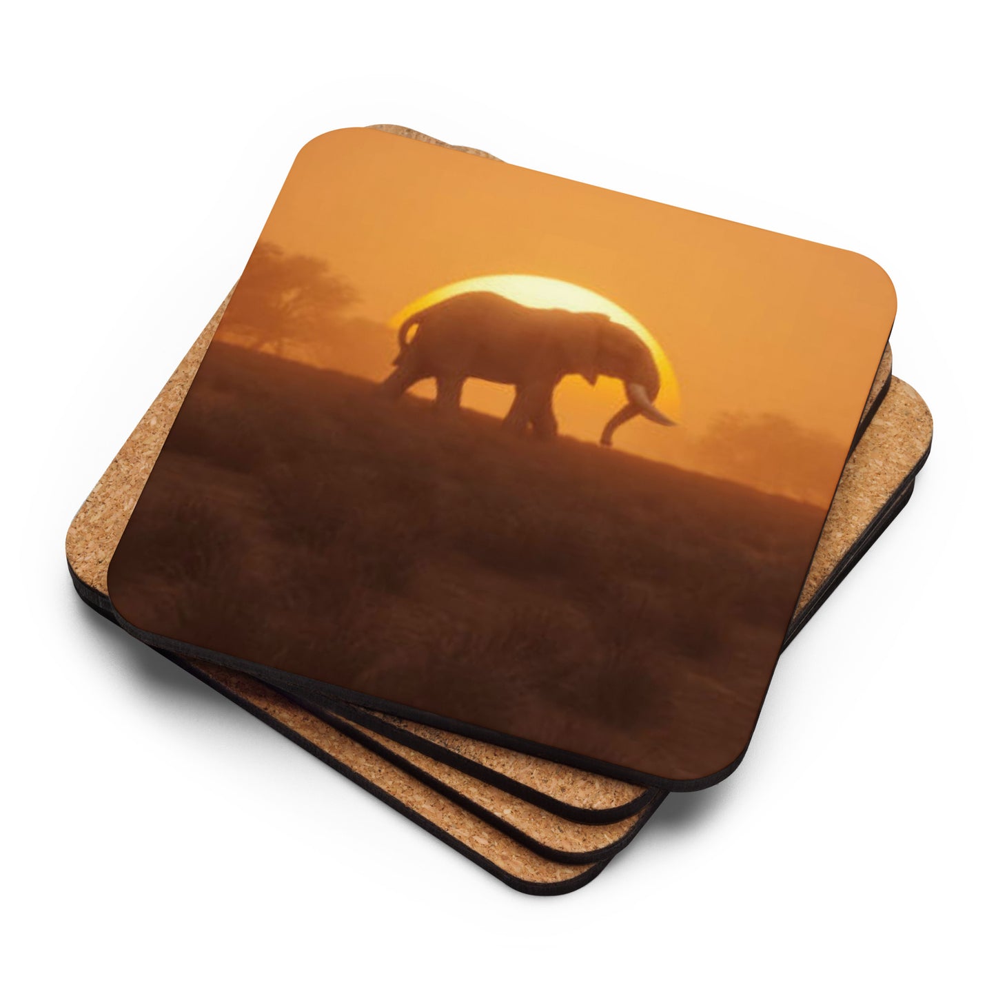 Gloss Coated Cork Backed Coaster - Safari Elephant Design