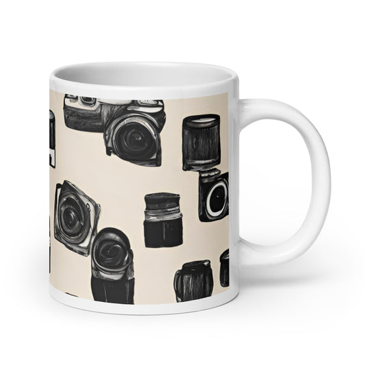 Glossy White Ceramic Coffee Mug - AI Camera Pattern